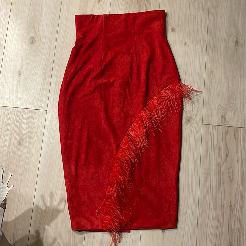 Hanifa red form fitting feather skirt